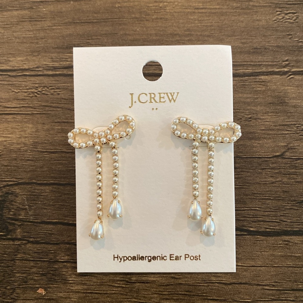 J. Crew Pearl Bow Dangly Statement Earrings - Picture 2 of 9